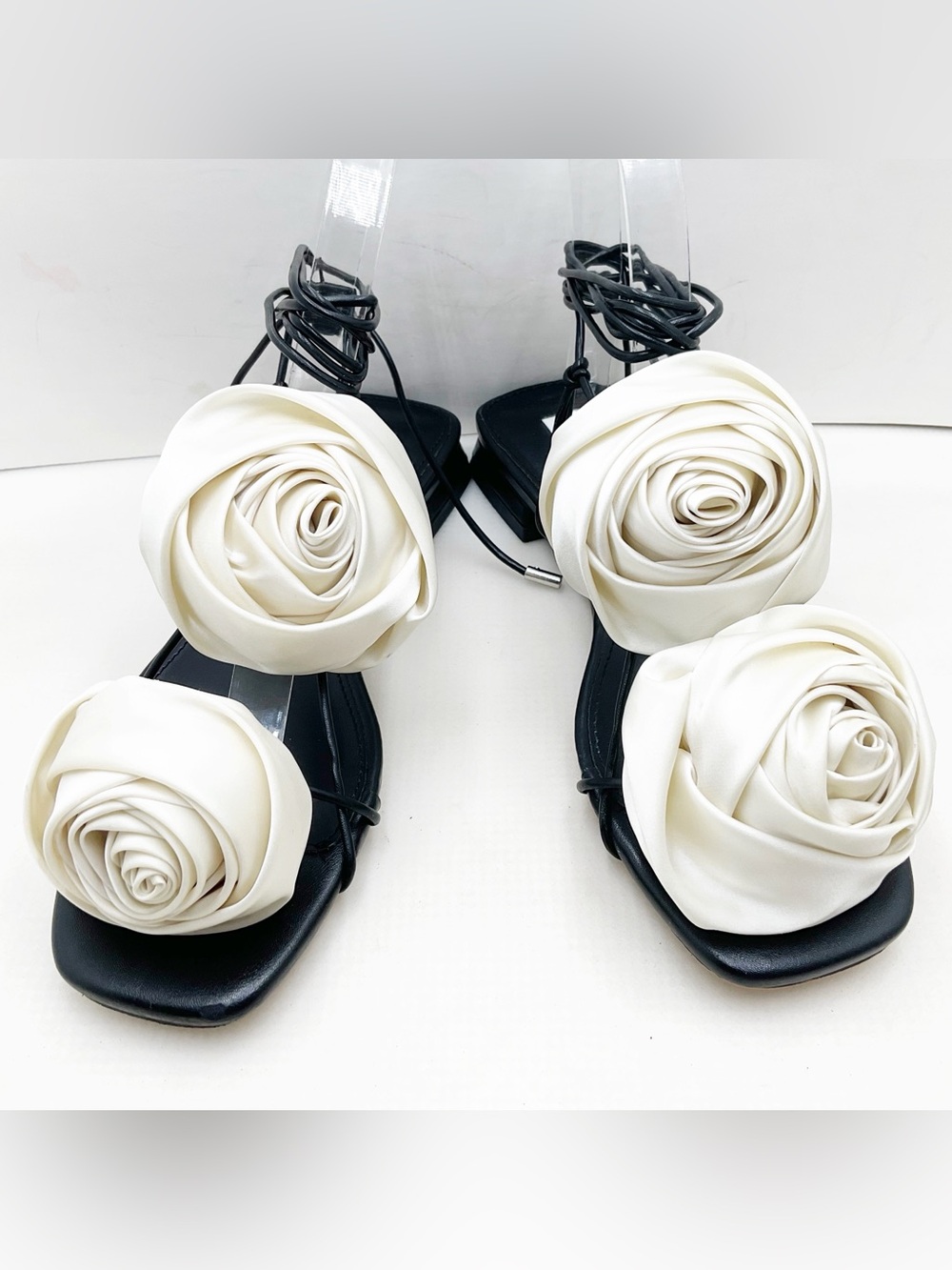 {Steve Madden} Rosalind Ivory Satin Rose Lace-Up Sandals - Picture 8 of 14